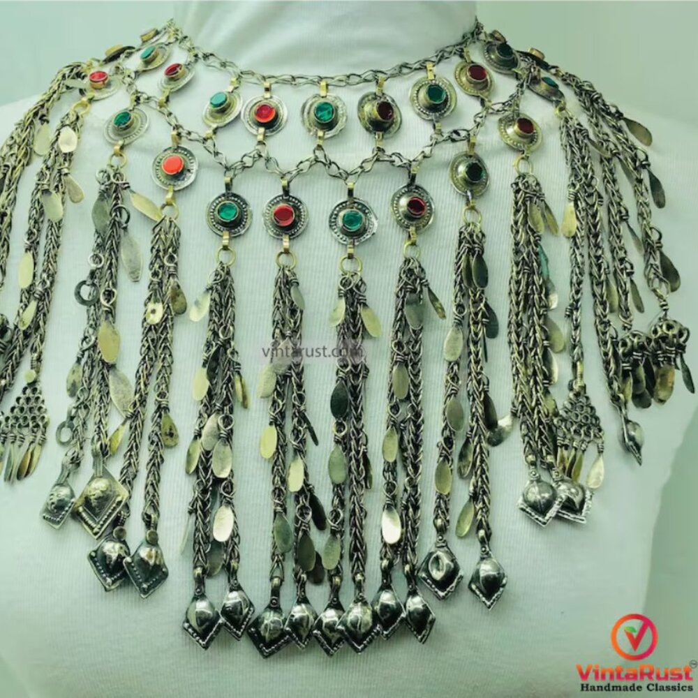 Afghan Kuchi Tribal Necklace, Gypsy Silver Multi-Layered Tassel Statement Jewlry - Picture 7 of 7